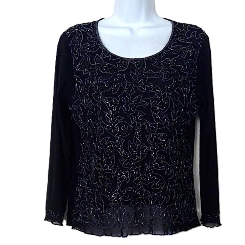 Dressy S. M. Collection Black Beaded Top Party Semi Sheer Sleeve Rayon Stretch M